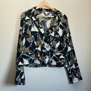 Blazer jacket linen neutral tones abstract print  size M